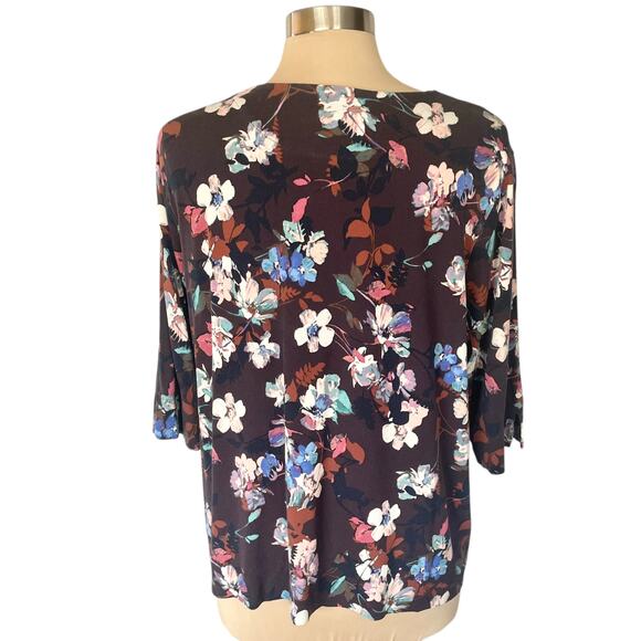 J. Jill Wearever Brown Blue Floral 3/4 Sleeve Tee Sz XLp Casual Office Work Wear - Picture 4 of 9